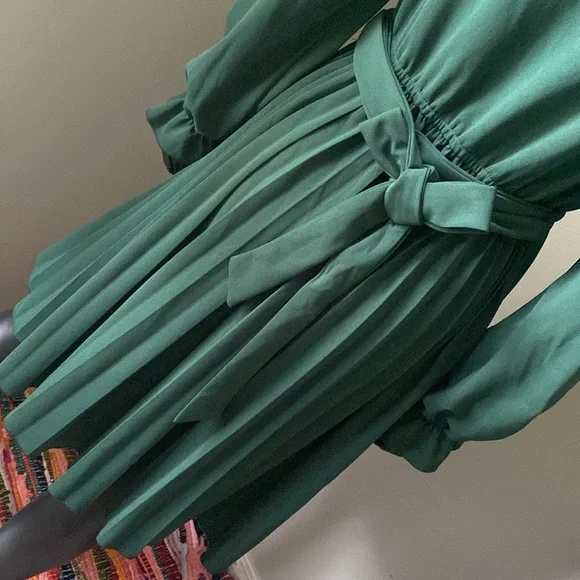 Elegant Green Long Sleeve Pleated Dress - Picture 12 of 12